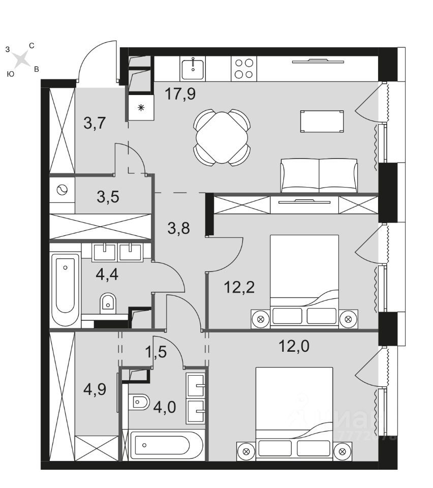 2-комн., 67.9 м², 6/16 этаж