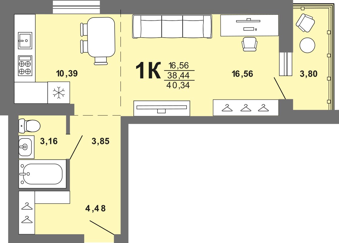 1-комн., 40.34 м², 8/8 этаж