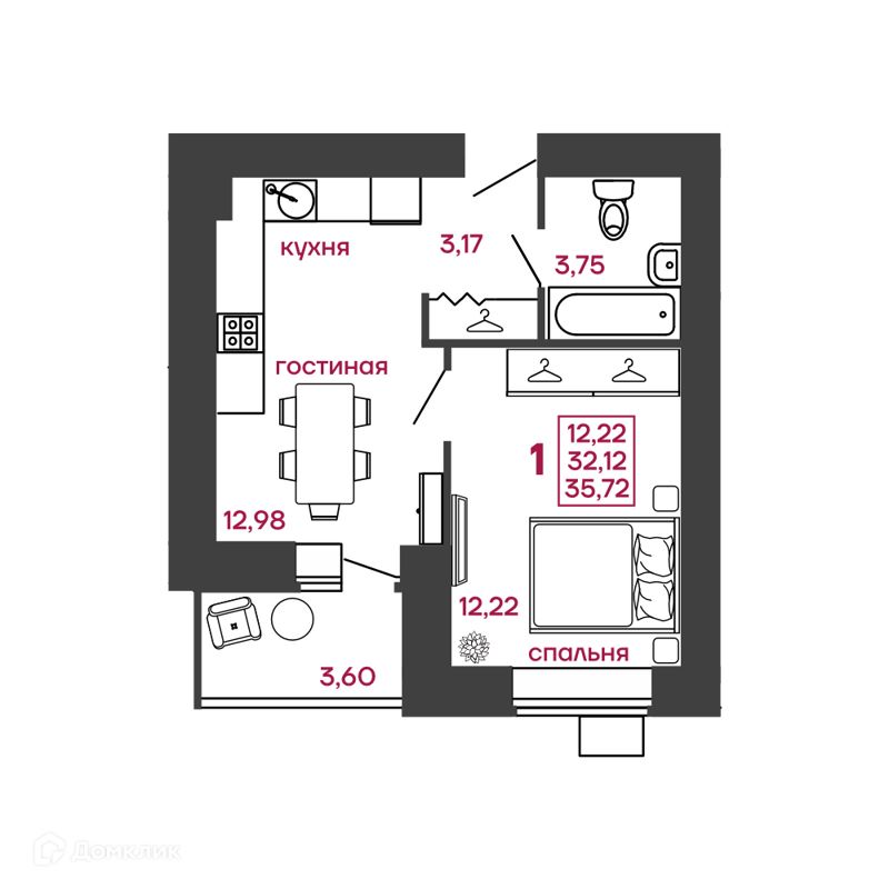 1-комн., 35.72 м², 5/17 этаж