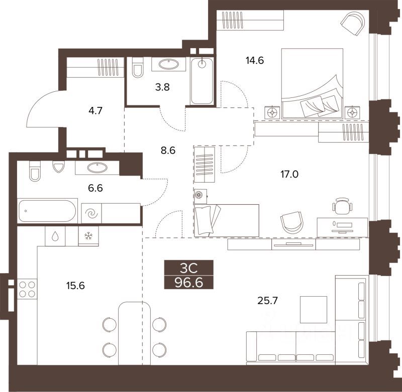 3-комн., 96.6 м², 4/16 этаж
