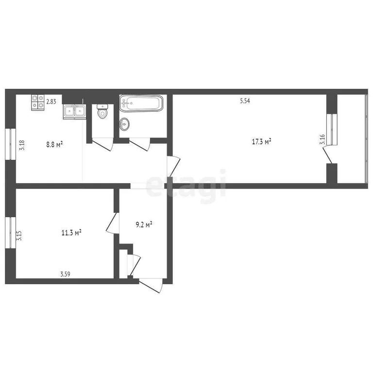 2-комн., 54 м², 1/5 этаж