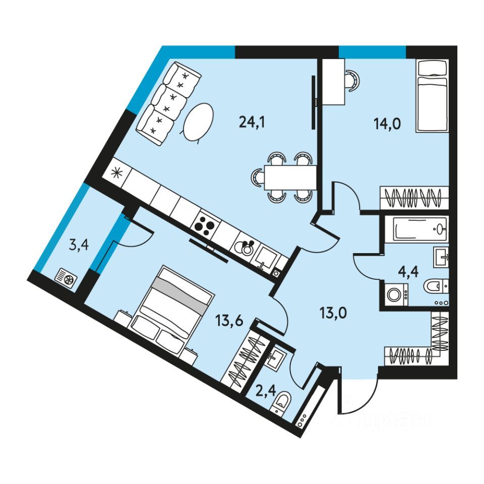 3-комн. квартира, 73.2 м2, 25/30 этаж