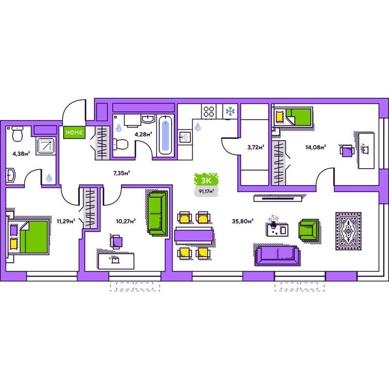 3-комн., 91.17 м², 13/19 этаж