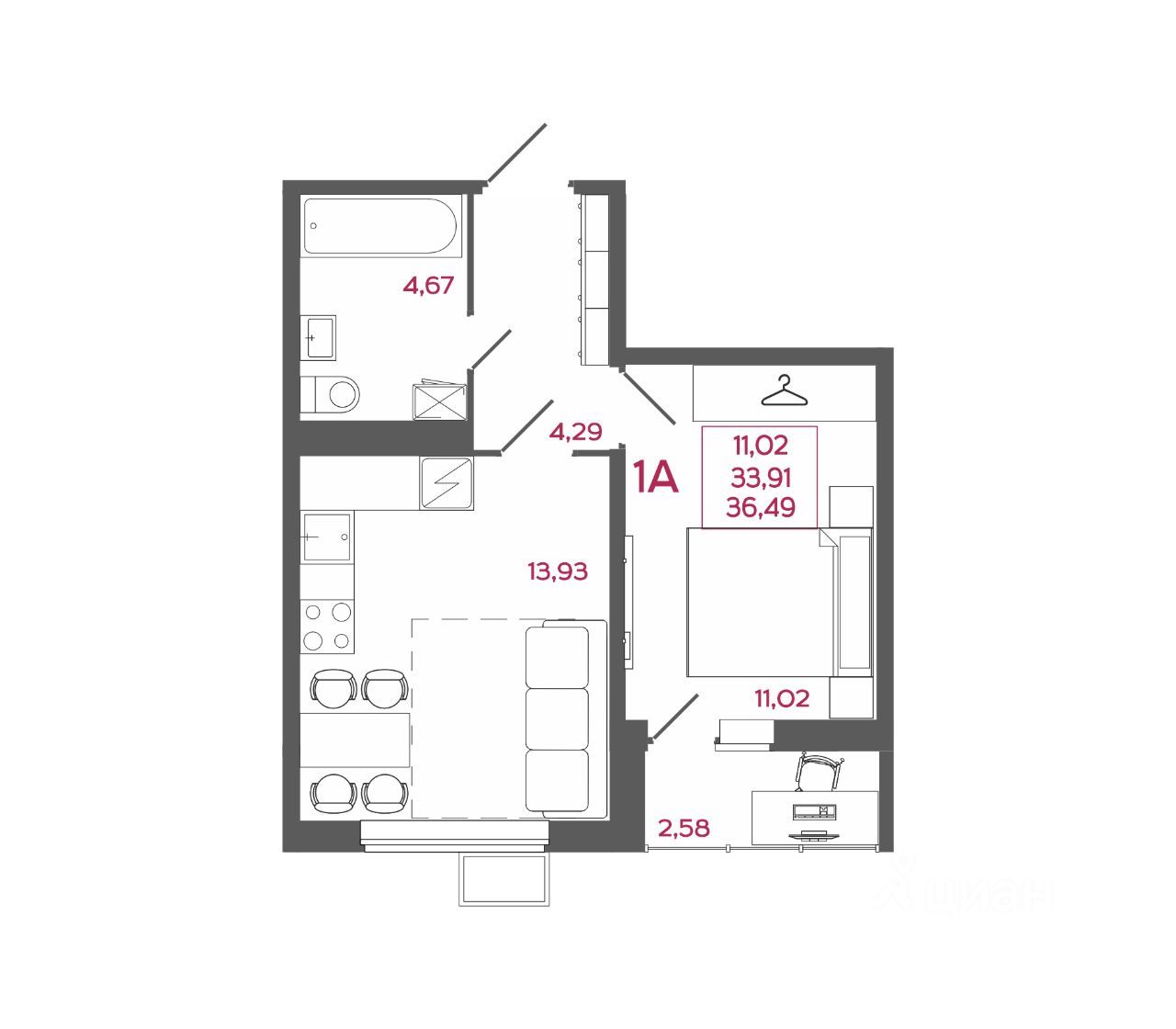 1-комн. квартира, 36.49 м², 10/17 этаж