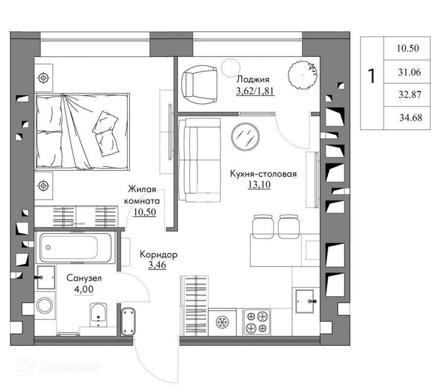 1-комн., 34 м², 9/9 этаж