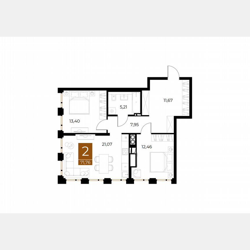 2-комн., 71.8 м², 8/8 этаж