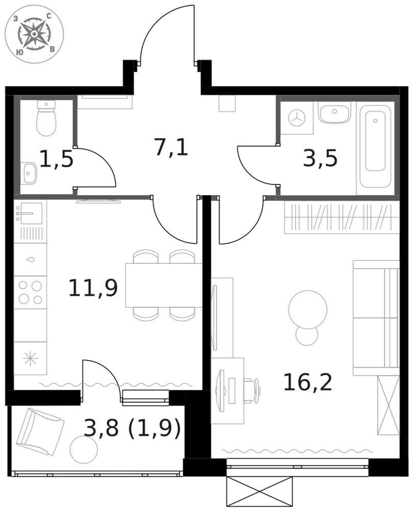 1-комн., 42.1 м², 3/13 этаж