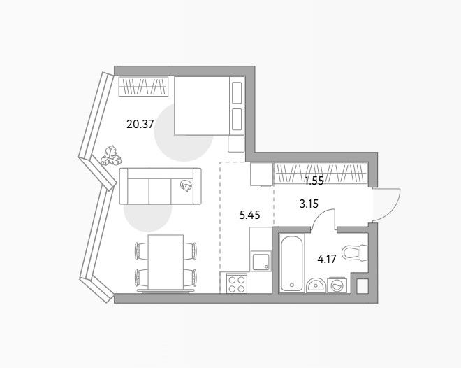1-комн., Квартира в новостройке, 34.7 м², 2/39 этаж