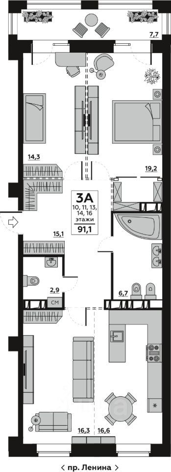 3-комн. квартира, 95.6 м2, 14/20 этаж