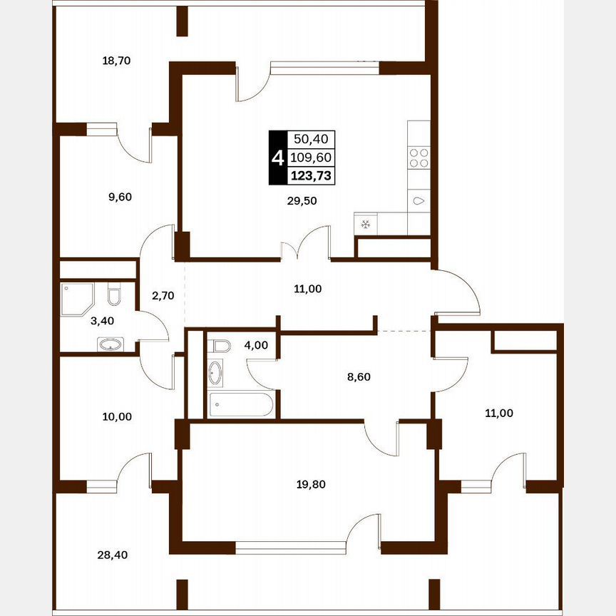 4-комн., 123.7 м², 11/12 этаж