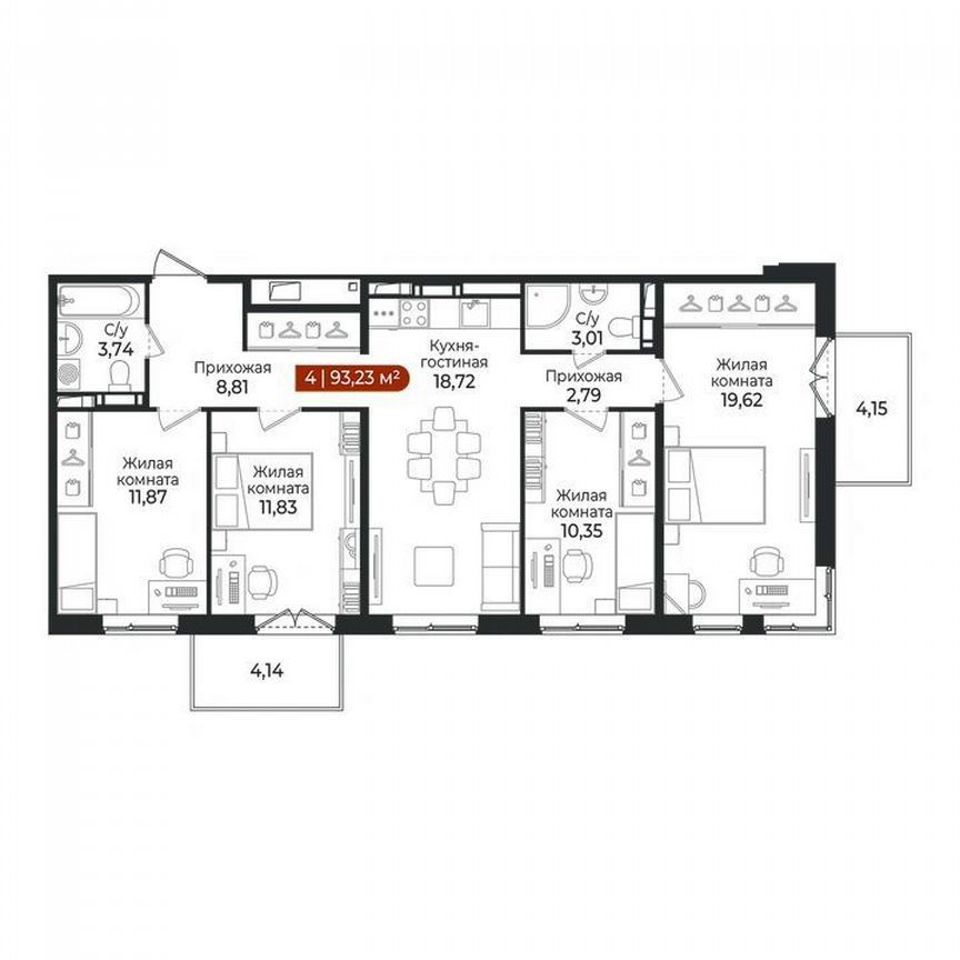 4-комн. квартира, 89.4 м2, 8/8 этаж