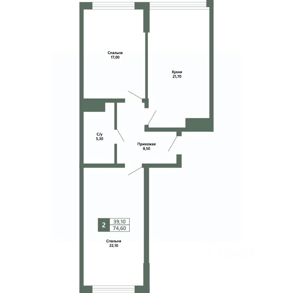 2-комн., 74.6 м², 9/16 этаж