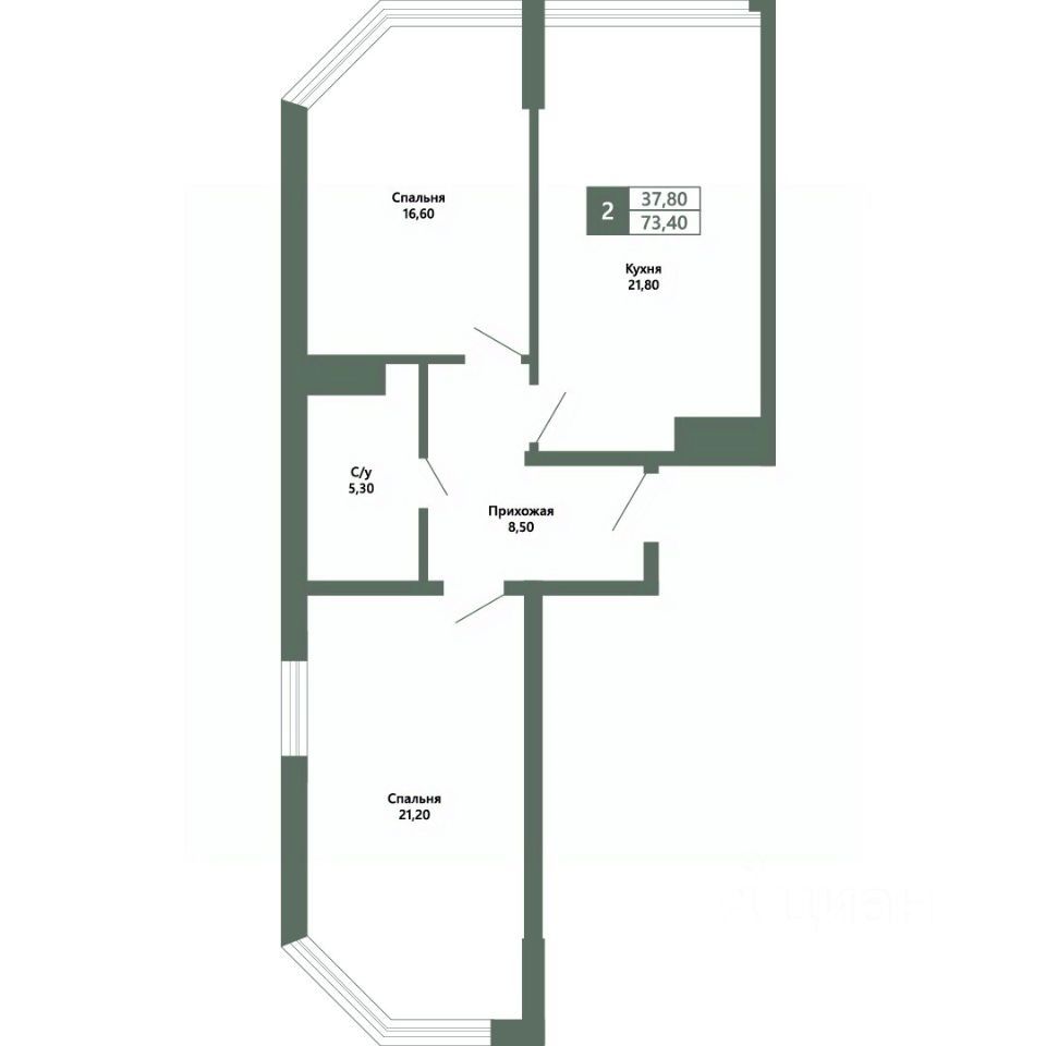 2-комн., 73.4 м², 2/14 этаж