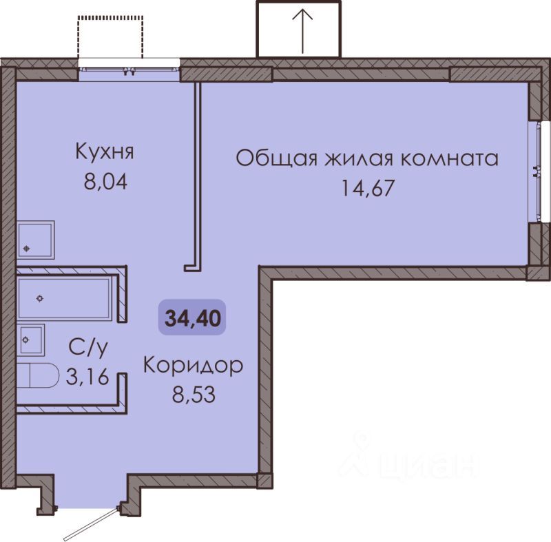 1-комн., 34.4 м², 1/9 этаж