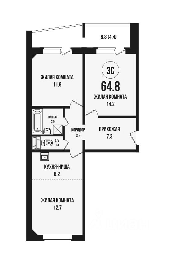 3-комн., 60.4 м², 6/14 этаж