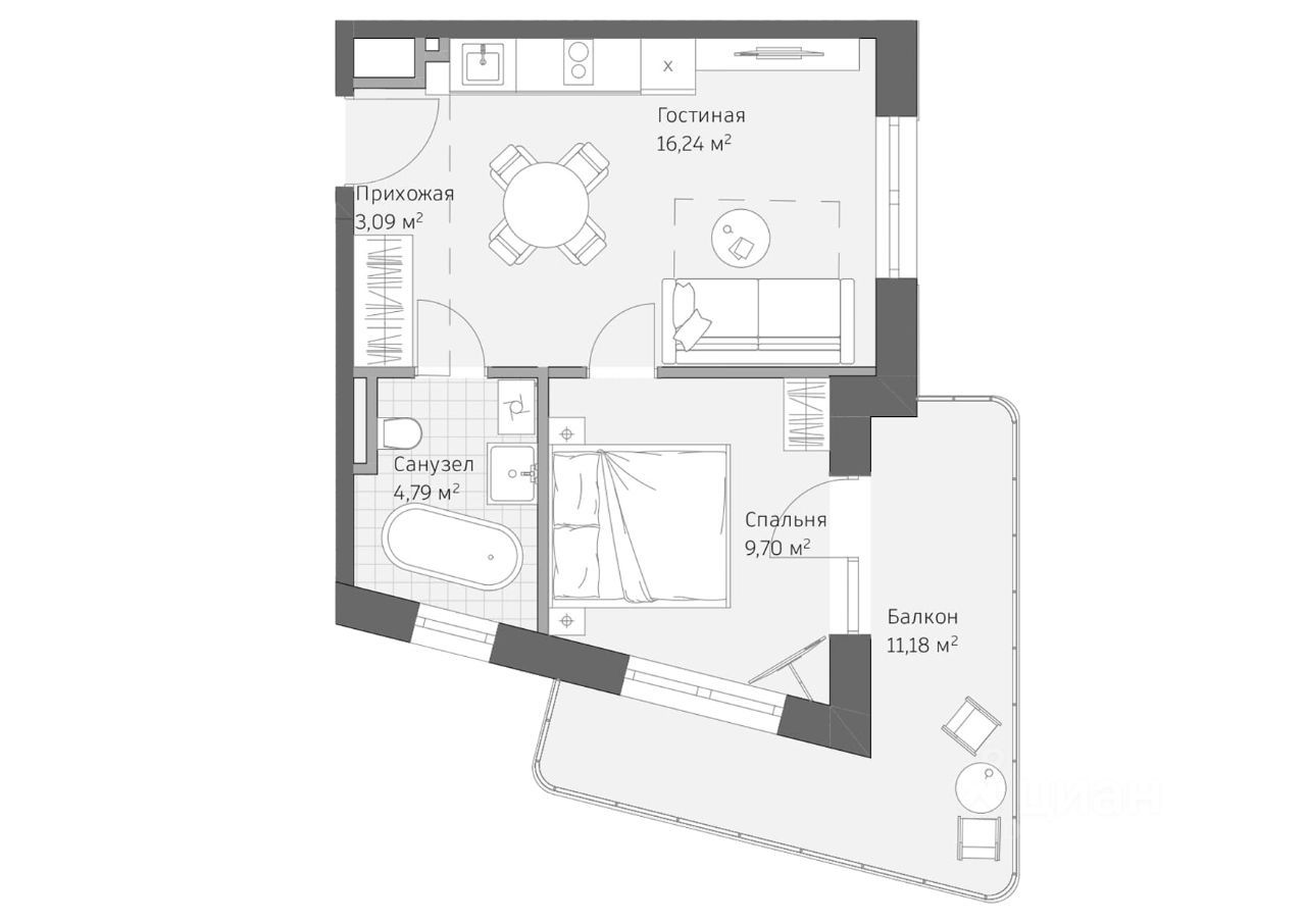 2-комн. квартира, 45 м2, 5/16 этаж