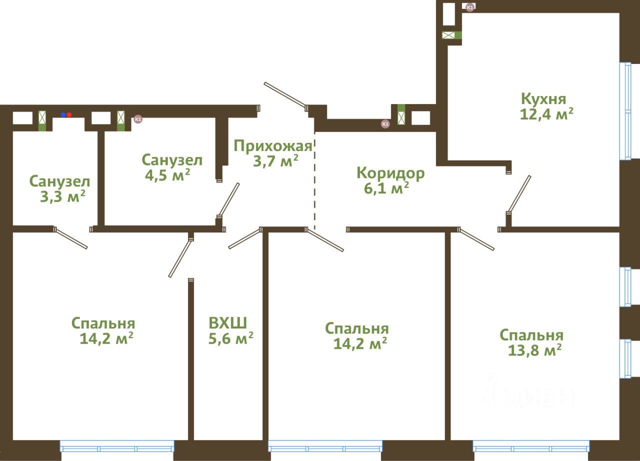 3-комн. квартира, 77.8 м2, 13/14 этаж