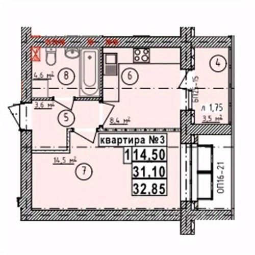 1-комн. квартира, 32.85 м², 3/5 этаж