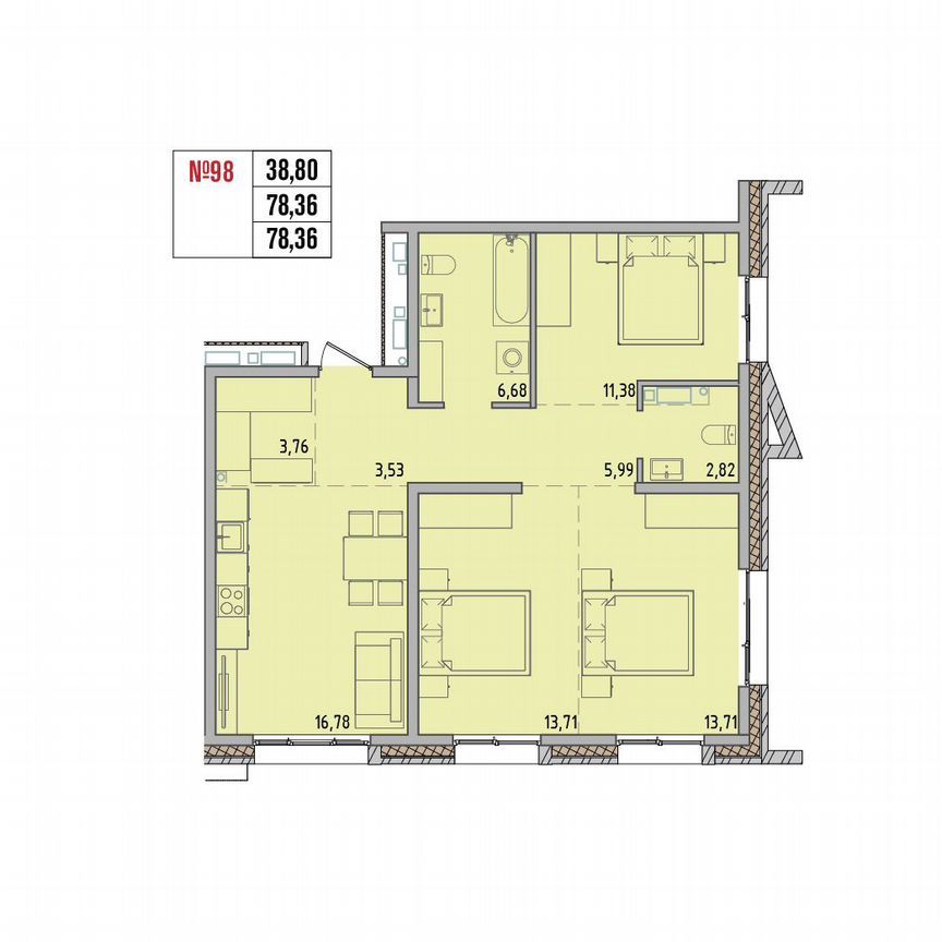 3-комн. квартира, 78.4 м2, 10/19 этаж