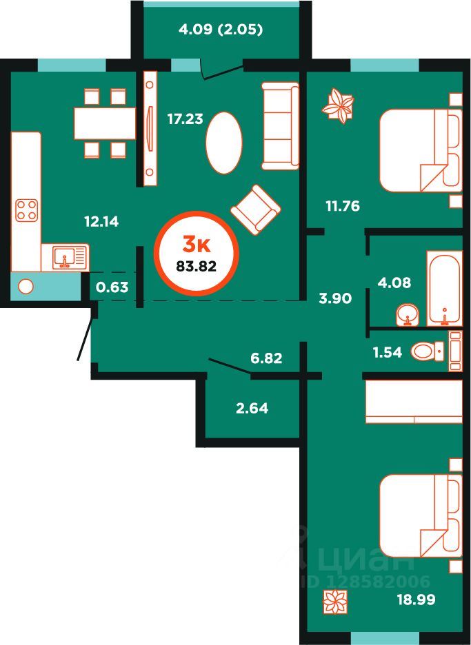 3-комн. квартира, 83.8 м2, 9/9 этаж