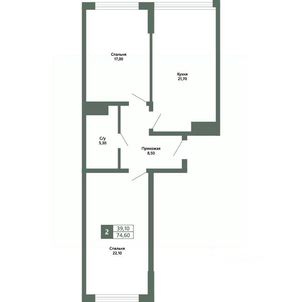 2-комн., 74.6 м², 10/16 этаж