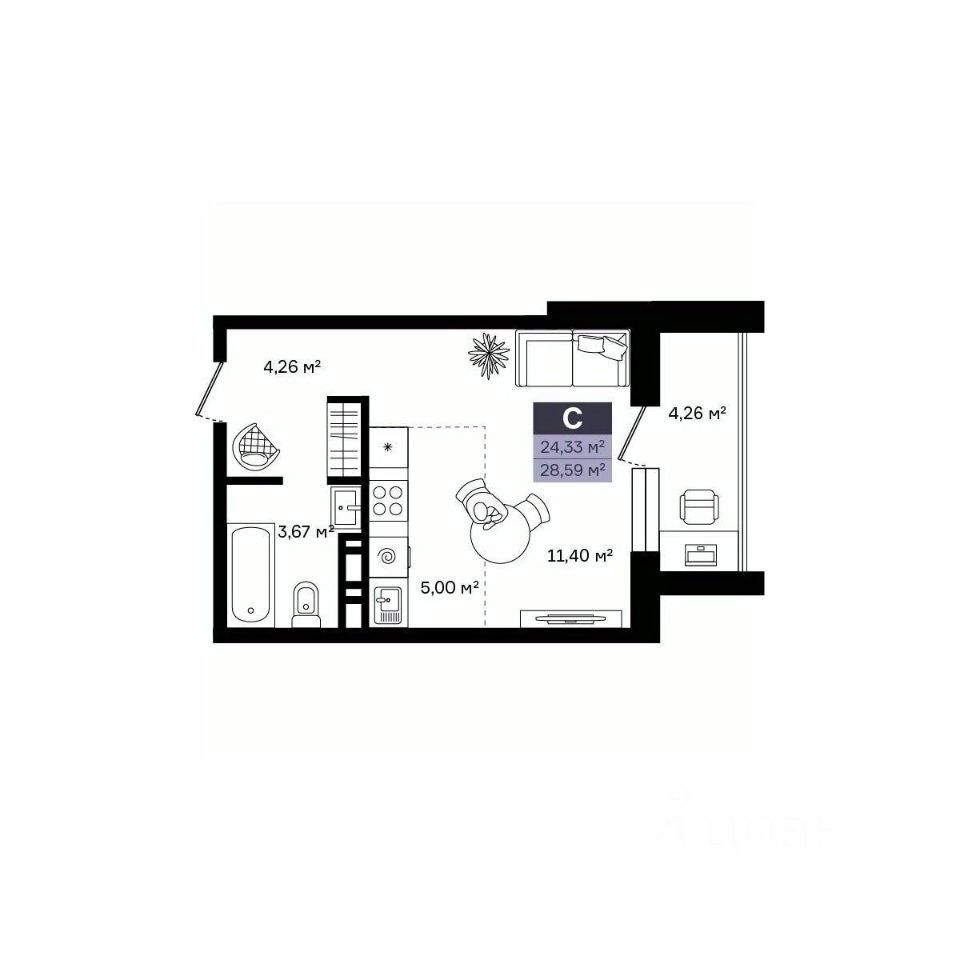 Студия, 28.59 м², 5/14 этаж