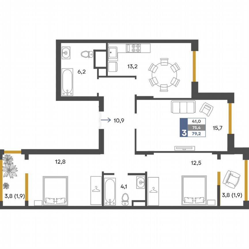 3-комн. квартира, 79.2 м2, 3/4 этаж