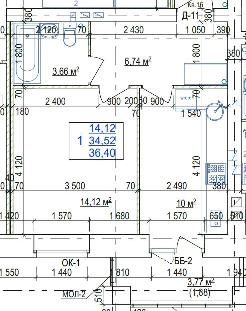 1-комн., 34.52 м², 3/3 этаж