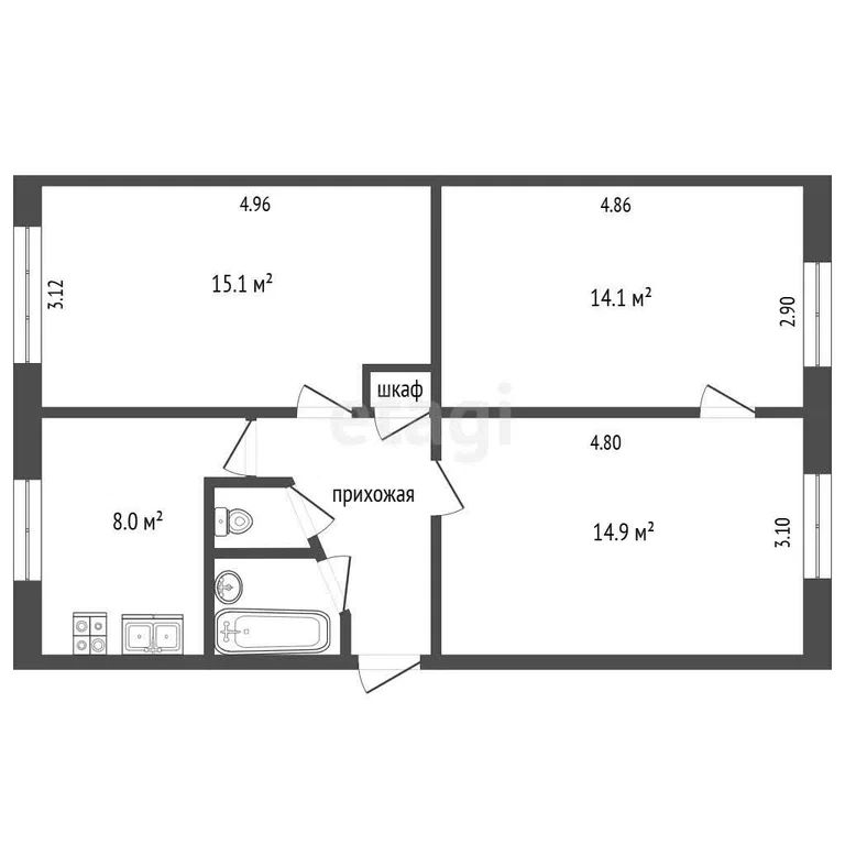 3-комн., 60.5 м², 1/5 этаж