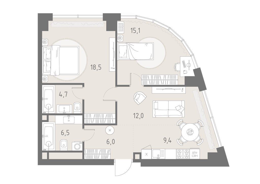 3-комн., 72.2 м², 19/35 этаж