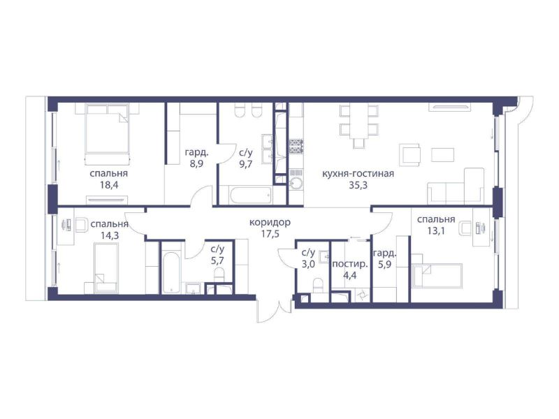 3-комн., 136.6 м², 3/17 этаж