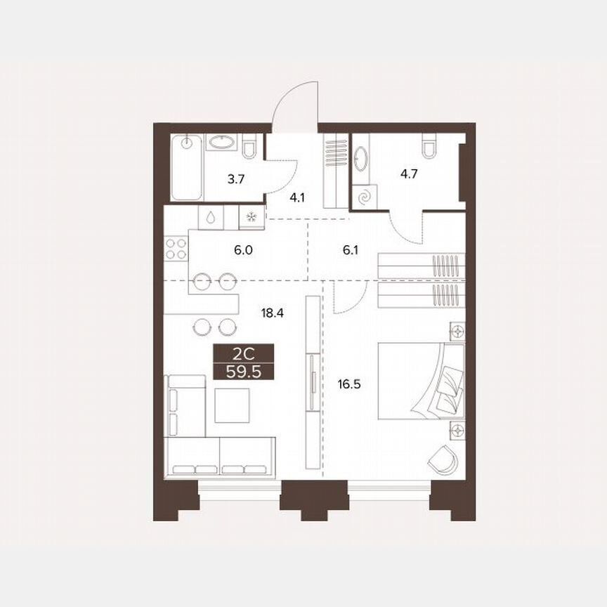 2-комн., 60 м², 8/16 этаж