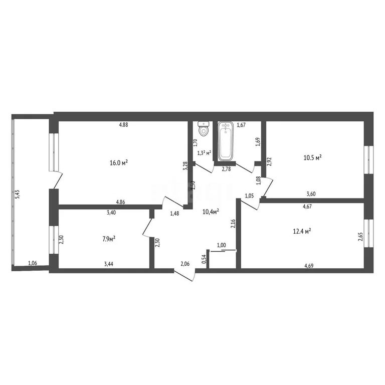 3-комн., 59.1 м², 1/2 этаж