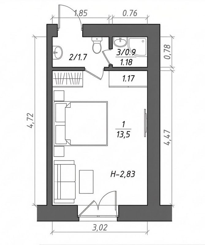 Студия, 16.1 м², 2/3 этаж