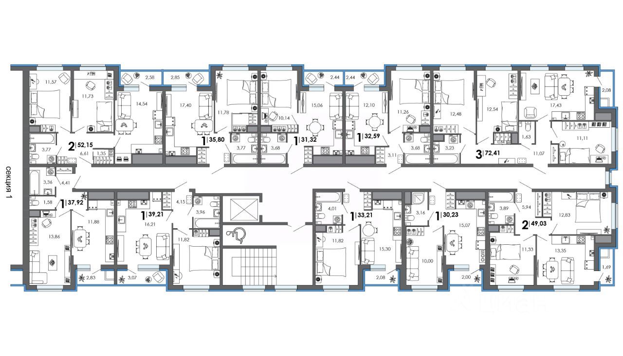 3-комн. квартира, 72.4 м2, 3/8 этаж