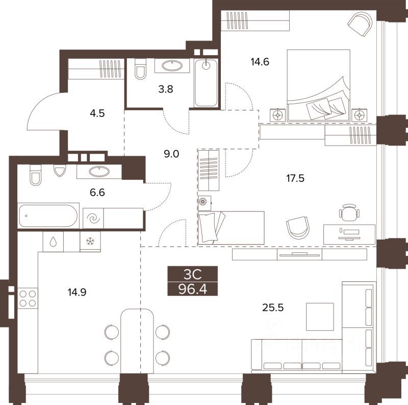 3-комн., 96.4 м², 12/16 этаж