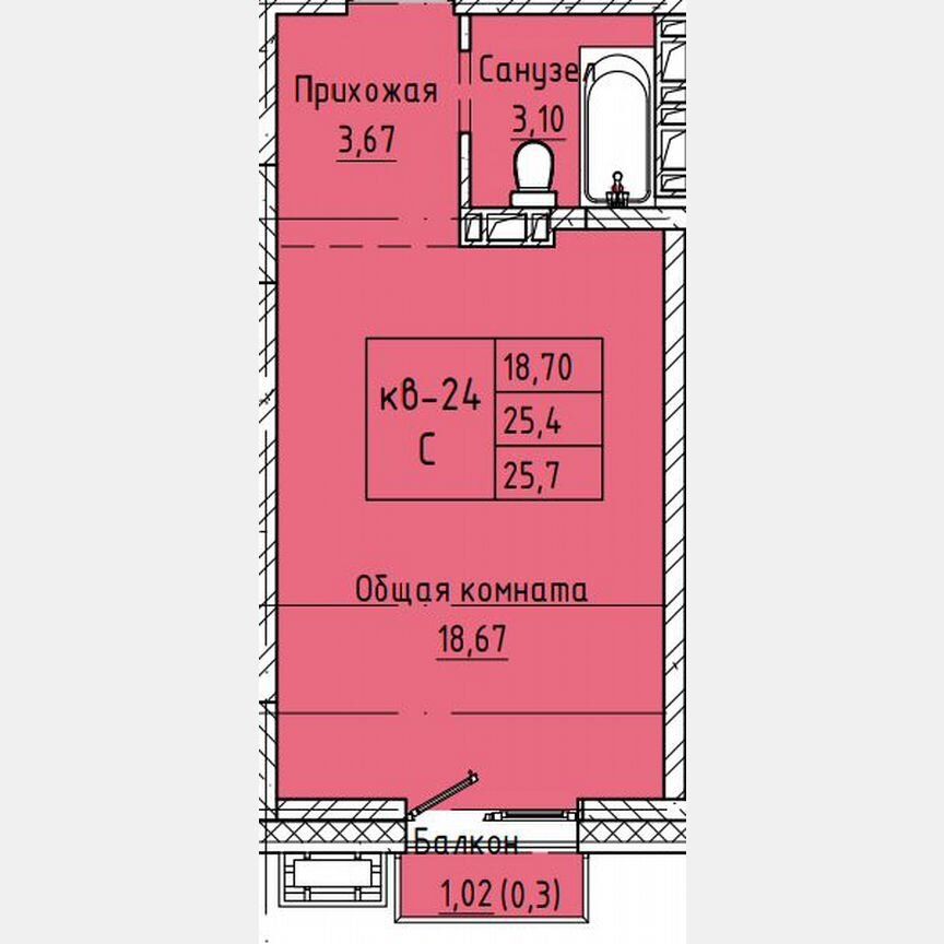 Студия, 25.4 м2, 3/8 этаж