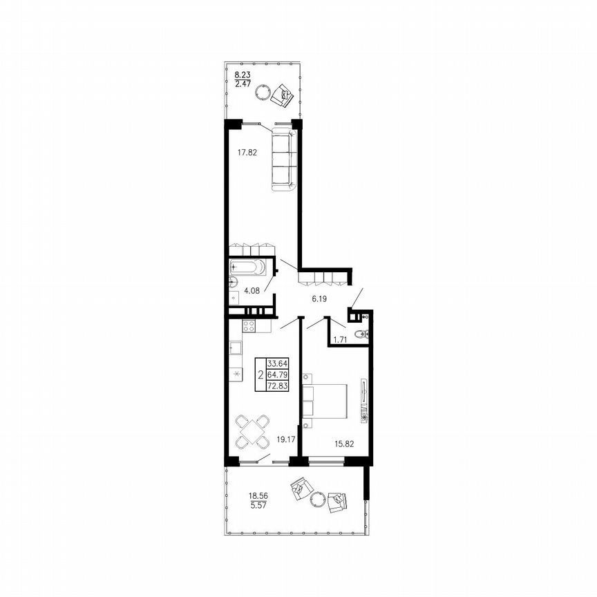 2-комн., Квартира в новостройке, 72.8 м², 1/9 этаж