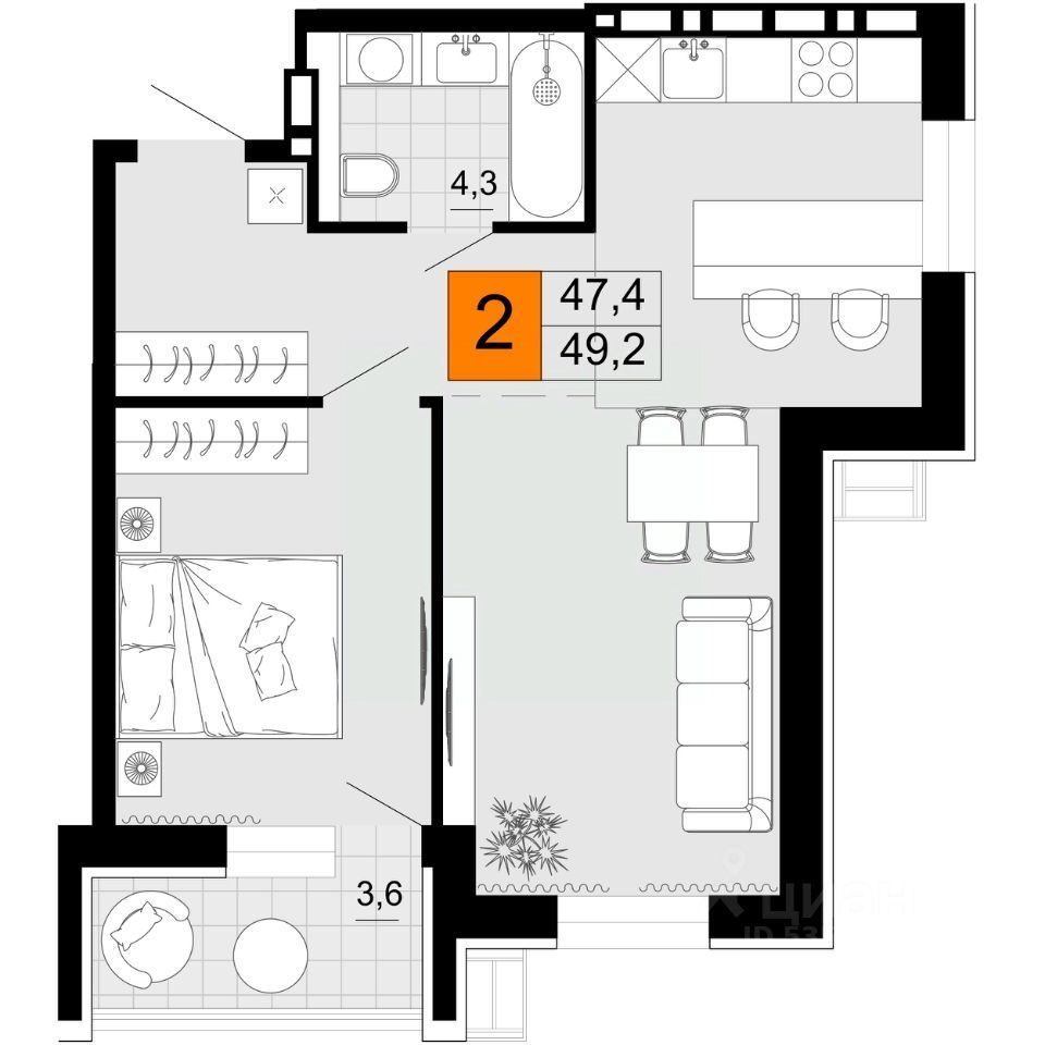 2-комн. квартира, 49.2 м2, 5/14 этаж