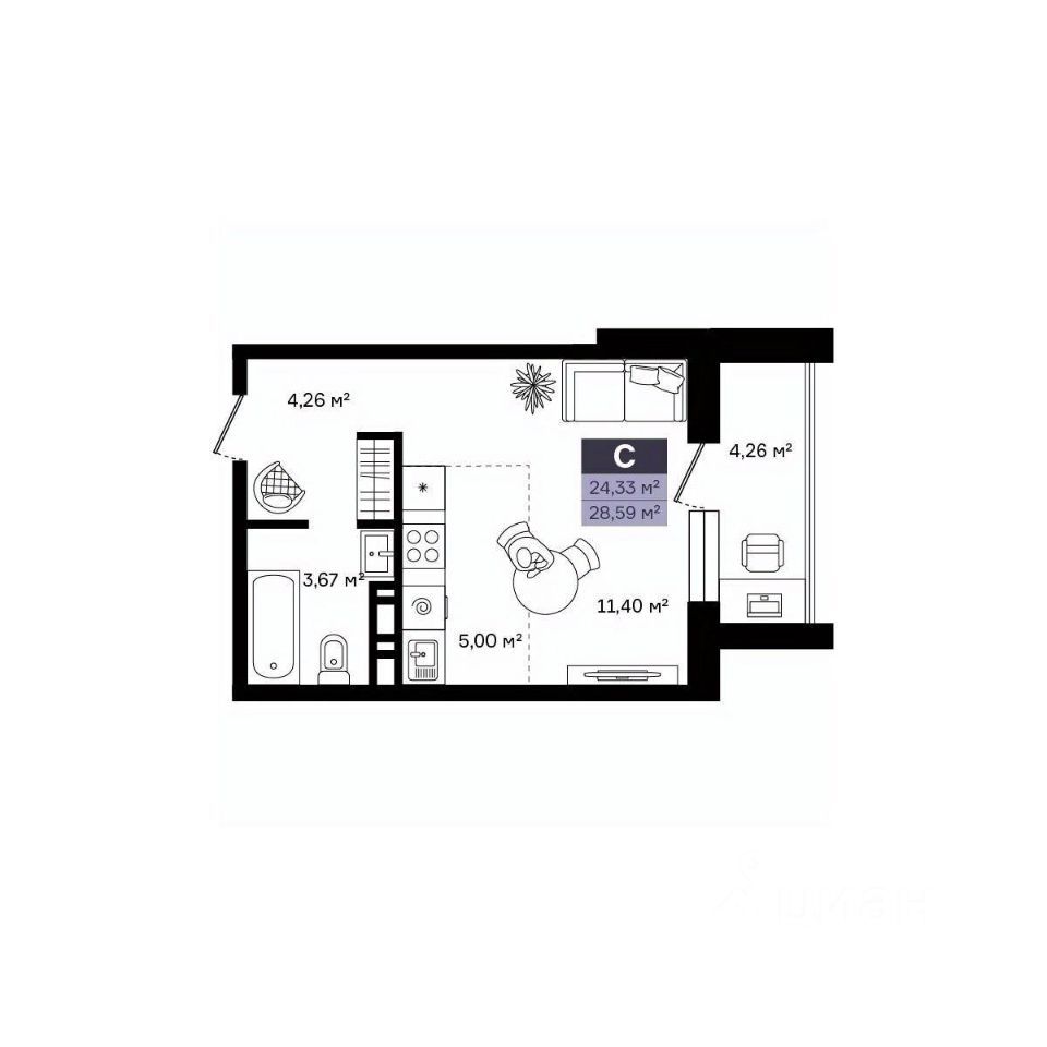Студия, 28.59 м², 10/14 этаж