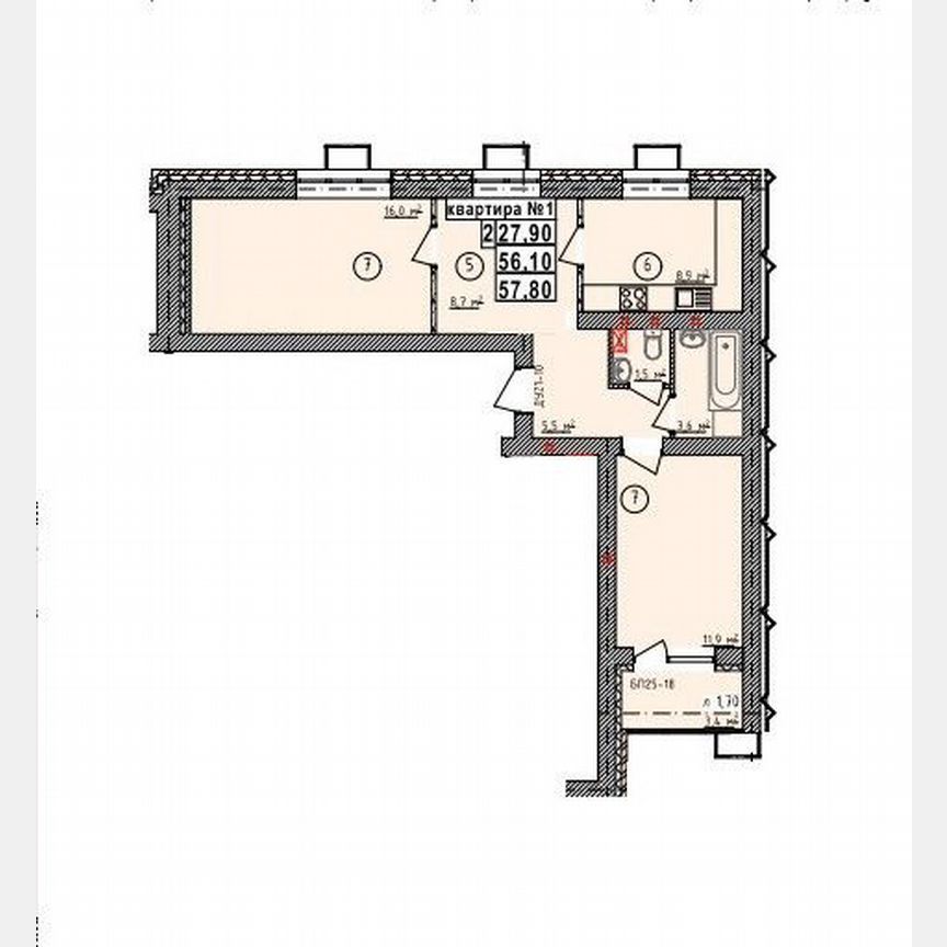 2-комн., 57.8 м², 3/5 этаж