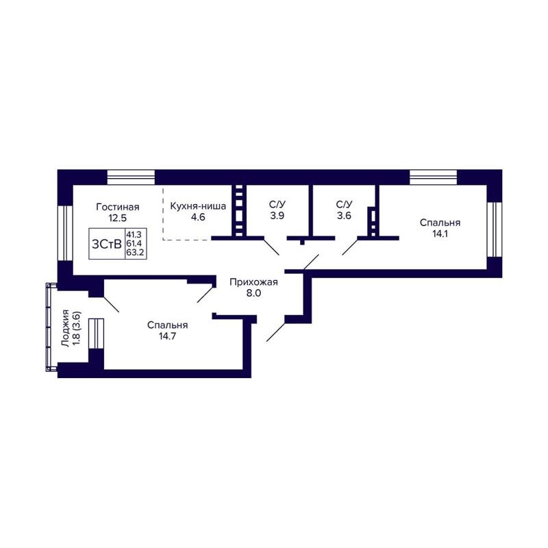 3-комн., 63.2 м², 11/20 этаж
