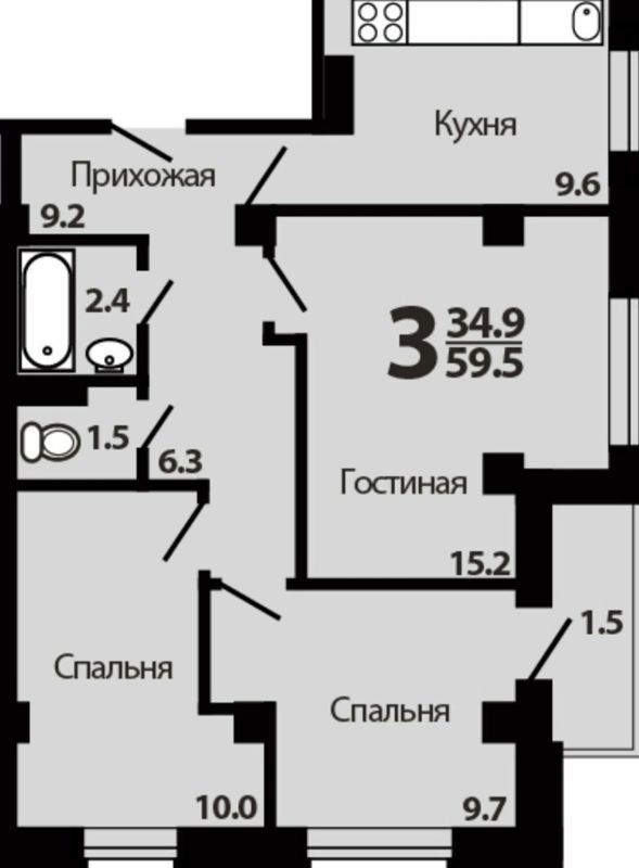 3-комн., 57.3 м², 8/15 этаж