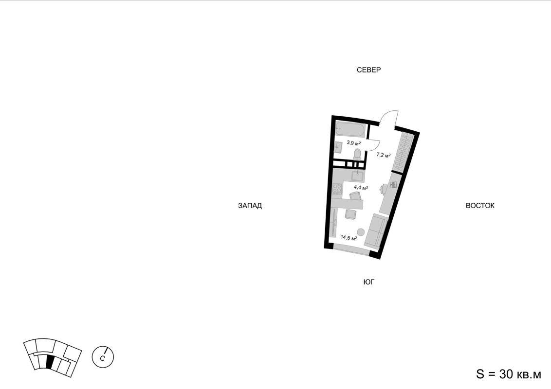 Студия, 30 м², 12/18 этаж