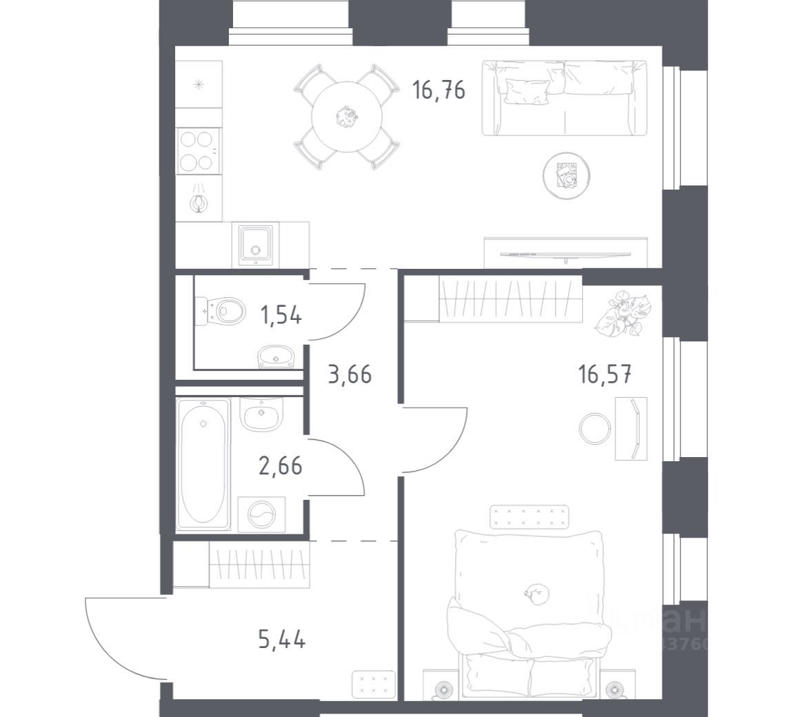 1-комн. квартира, 46.6 м2, 12/14 этаж