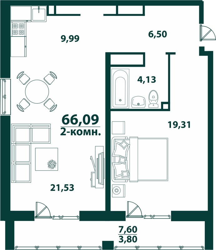 2-комн., 66.09 м², 13/24 этаж