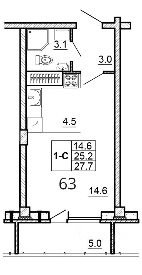Студия, 27.7 м², 12/16 этаж