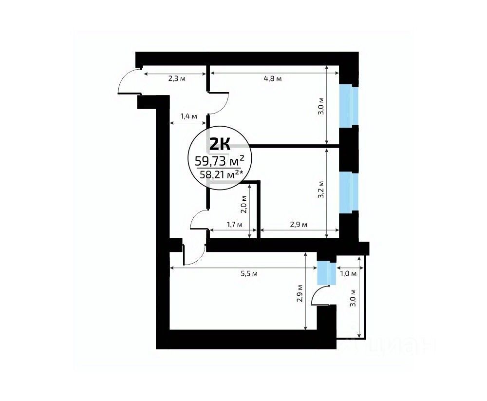 2-комн. квартира, 59.7 м2, 4/18 этаж