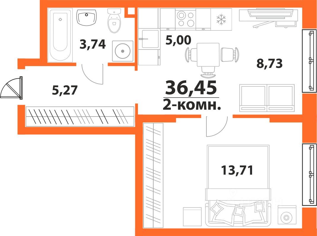 2-комн., 36.45 м², 24/24 этаж