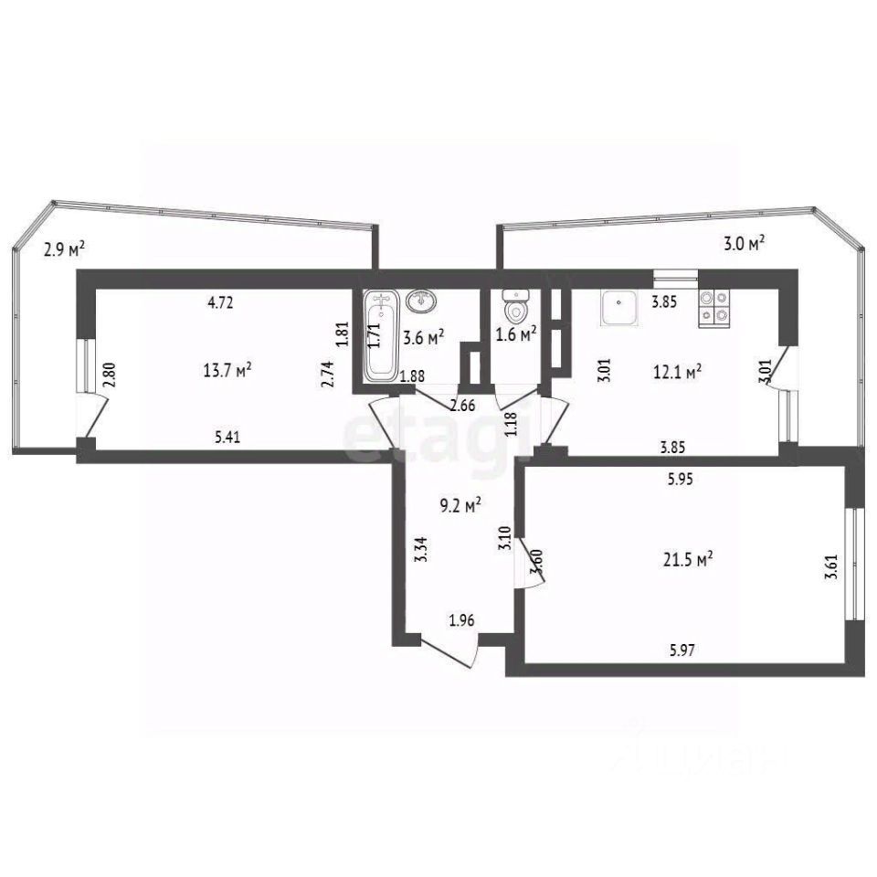2-комн., 61.7 м², 15/16 этаж